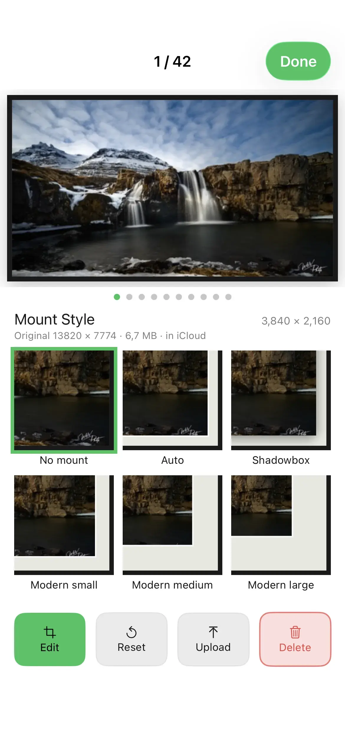 Frame Photos on iPhone showing the matte and mount editor